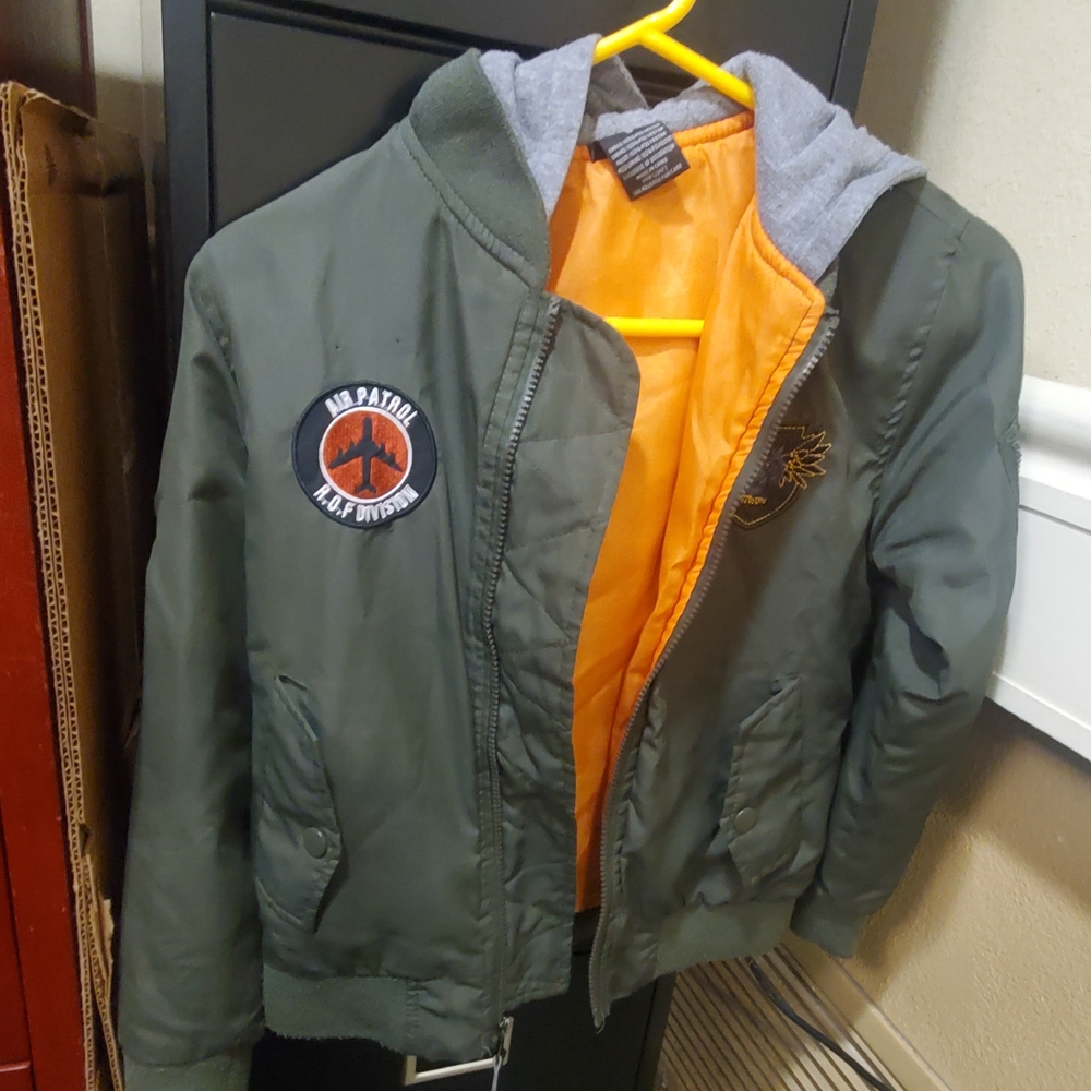 Ring of Fire Green and Orange Varsity Jacket with Hooded Collar